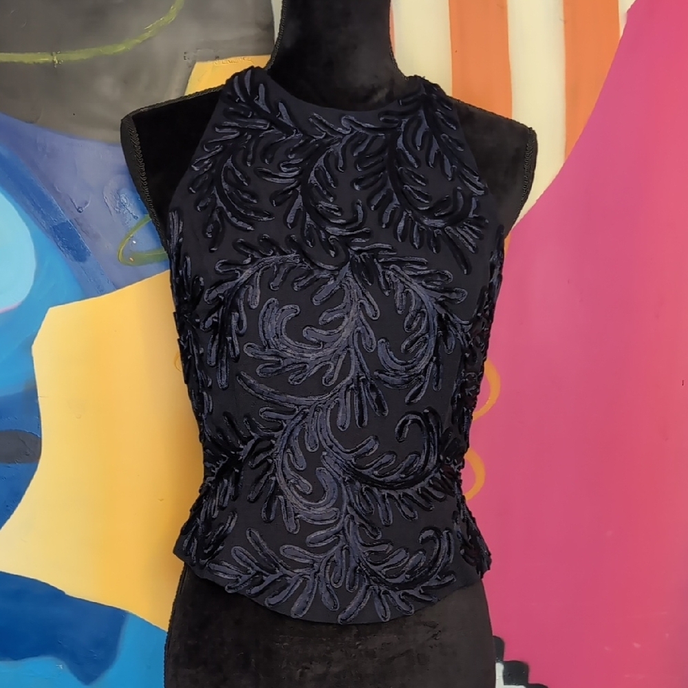Carmen Marc Valvo Black Sleeveless Fitted Embellished Blouse